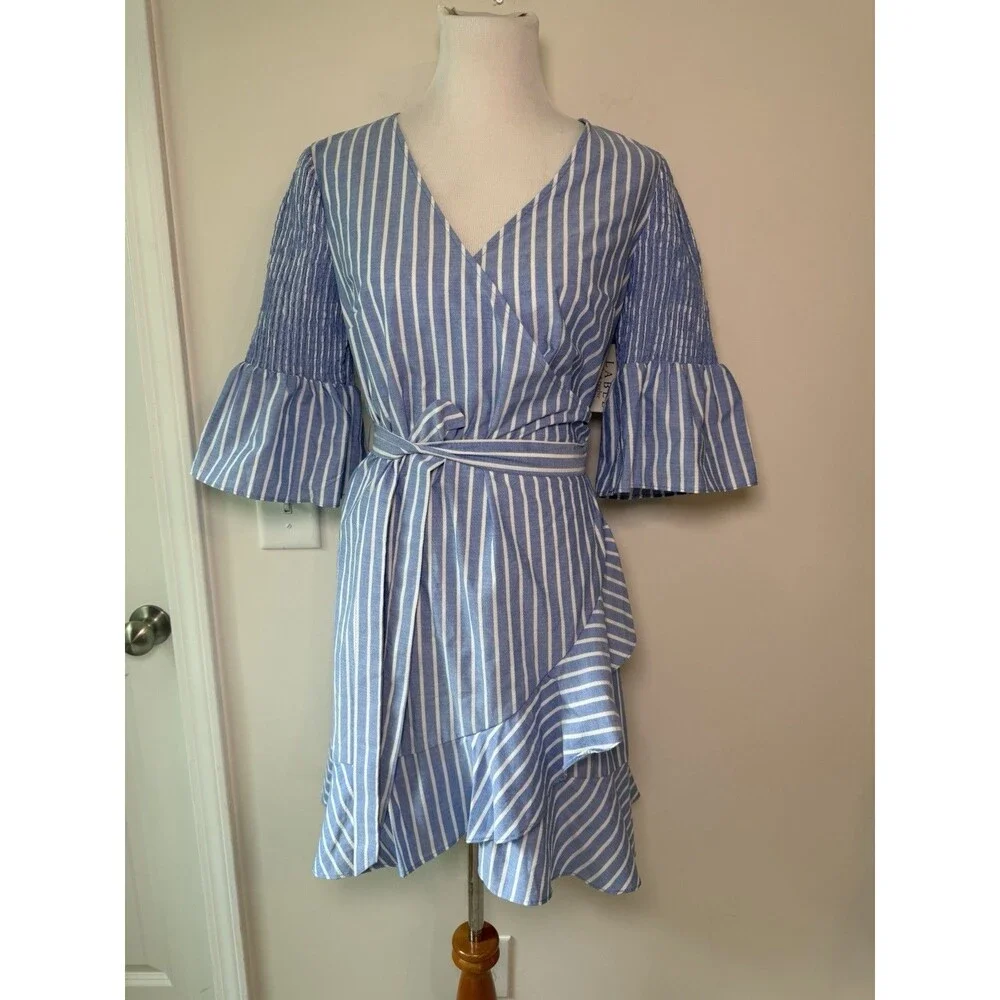 Label By 5 Twelve Striped Faux Wrap Dress Sz 4 Blue White Ruffle Tie Waist NWT